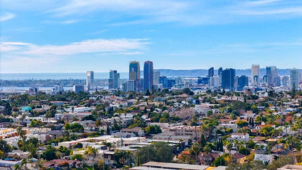 Aerial view of San Diego neighborhoods and downtown skyline, where probate estates are administered through San Diego Superior Court