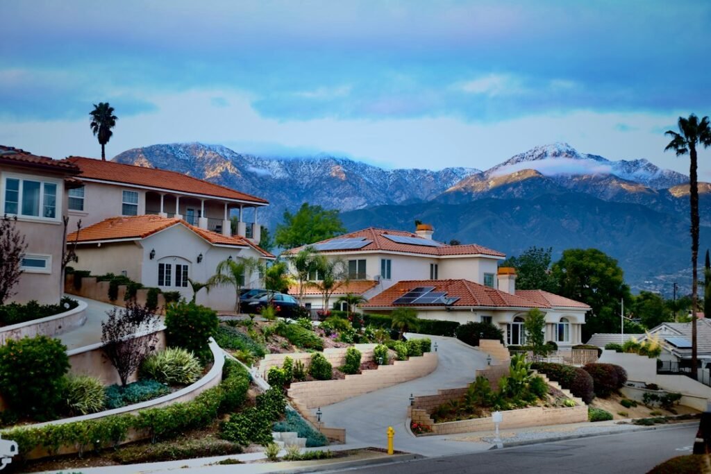 California residential investment properties with palm trees and snow-capped mountains in background